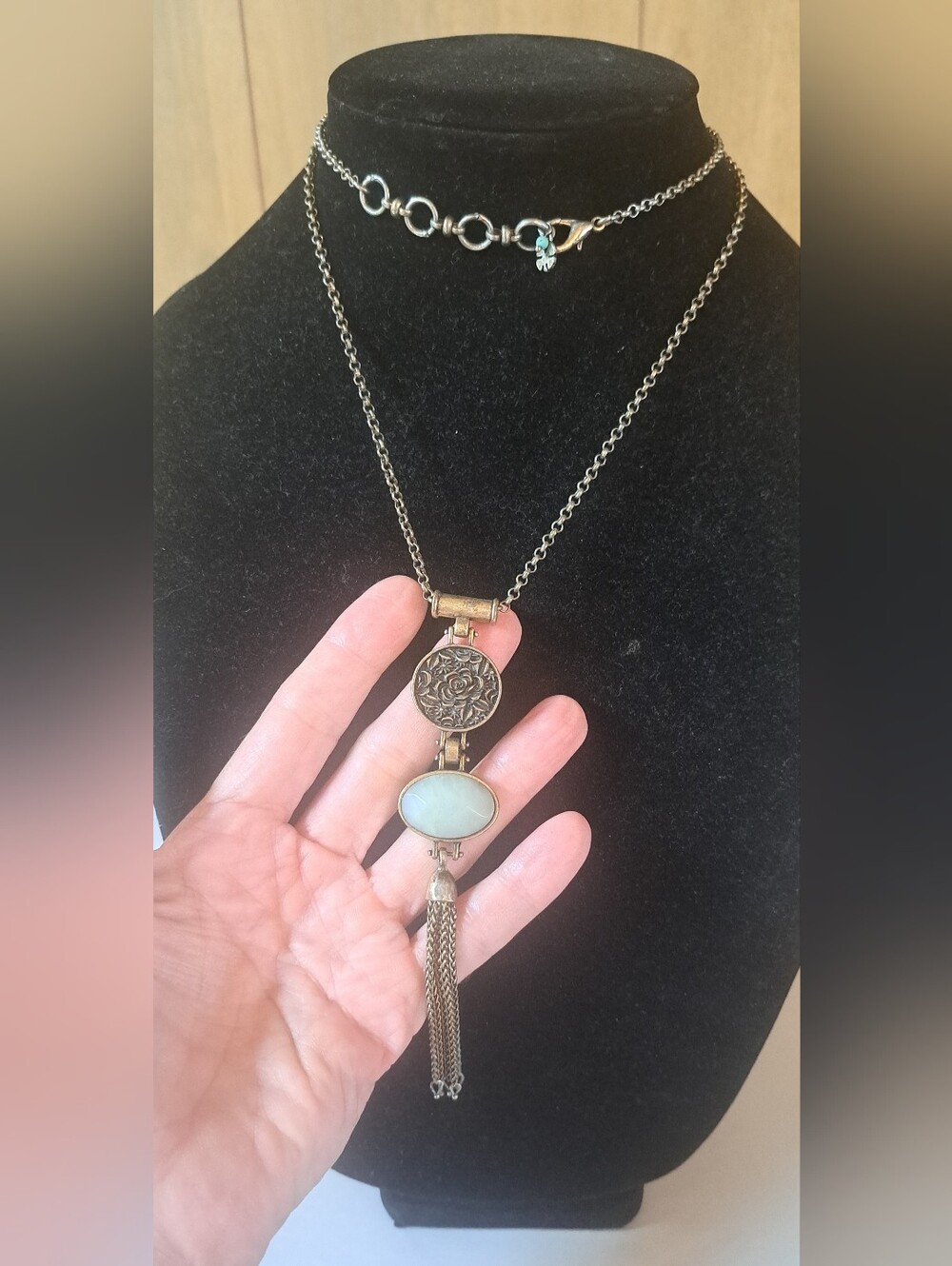 Lucky Brand Blue Moon Stone Tassel Gold-Tone Necklace Filigree Backing Boho